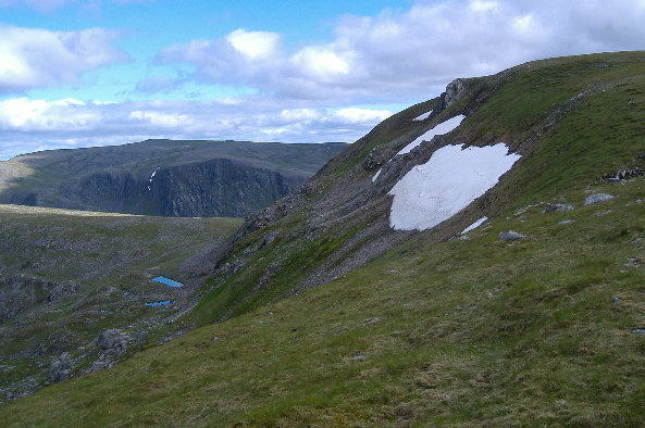 photograph of snow patches on Geal Charn and Ben Alder 