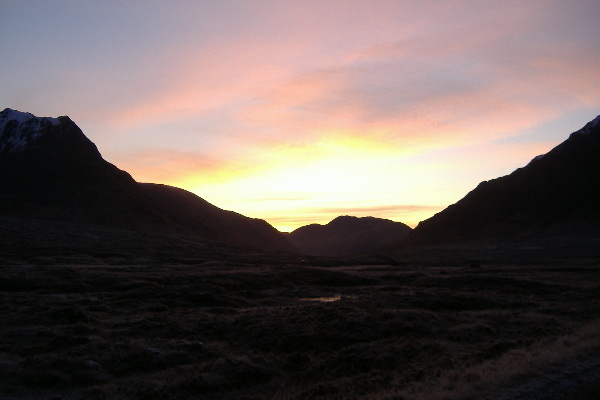 photograph looking down Glen Etive towards the sunset