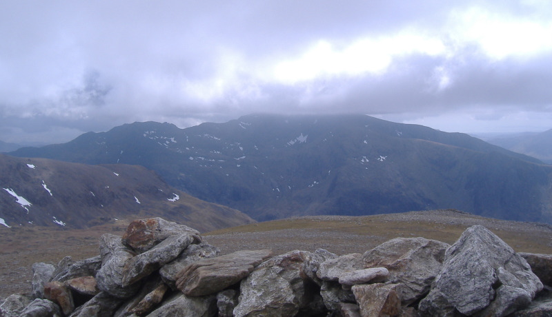 looking southwest to Snowdon in cloud