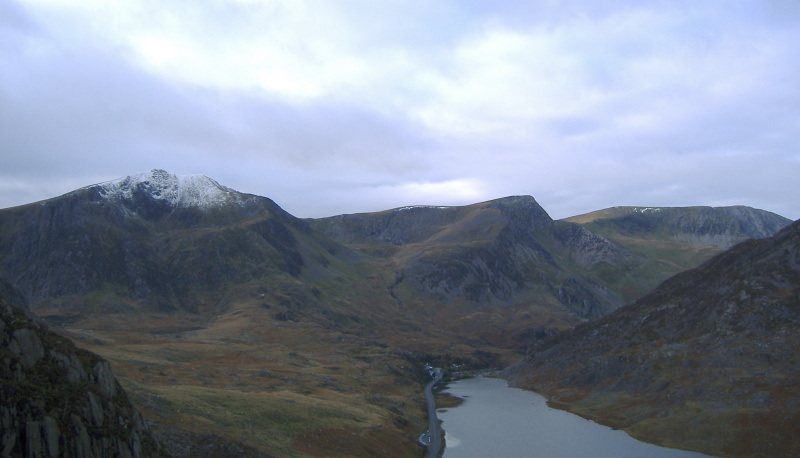 the west end of Llyn Ogwen and above it, Y Garn and the summits to the north 