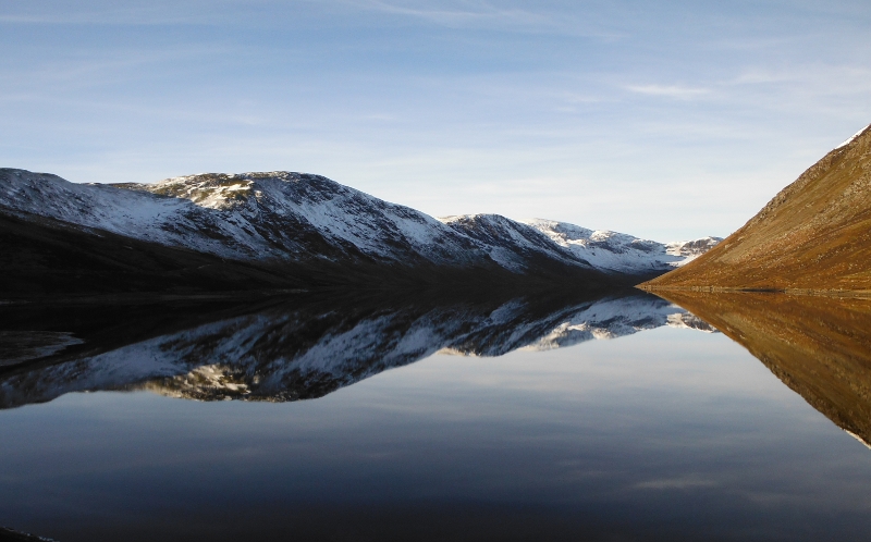  looking up Loch Turret, with the mountains reflected in the water 