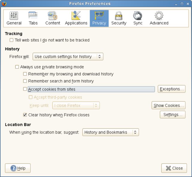 screenshot of the preferences window in Firefox