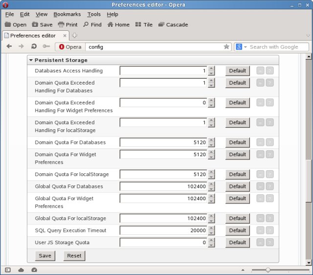 screenshot of Opera showing the persistent storage configuration settings