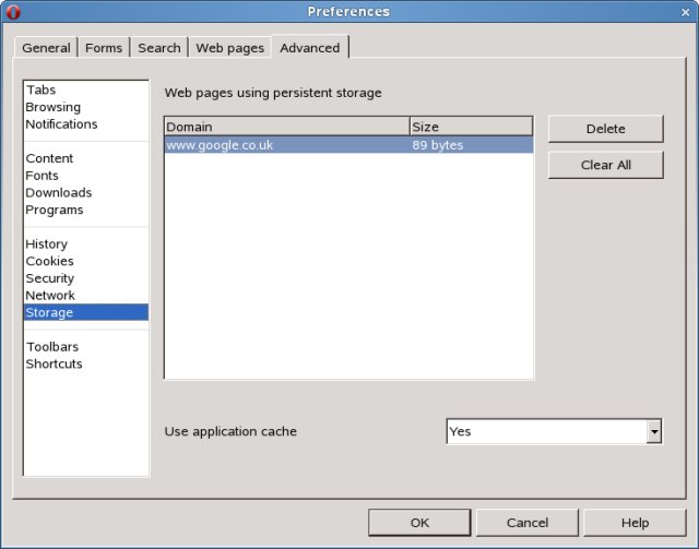 screenshot of Opera showing the storage screen in Preferences