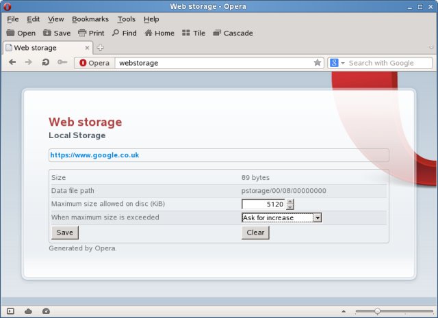 screenshot of Opera showing the web storage configuration settings for each domain