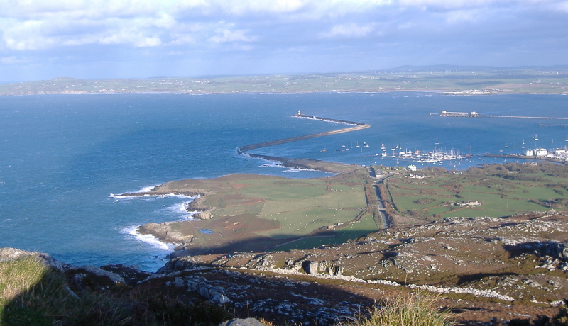 looking east down on the Breakwater and Holyhead New Harbour and the marina  