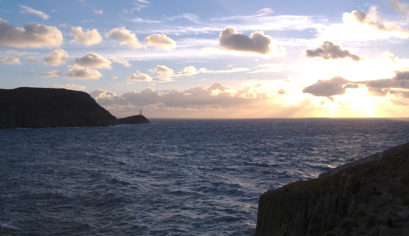 looking southwest towards South Stack and the low angle sun  