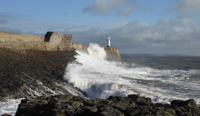  the waves on the outer wall of Porthcawl harbour 