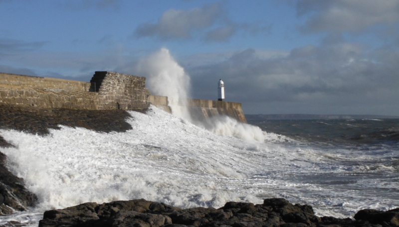  the waves on the outer wall of Porthcawl harbour 