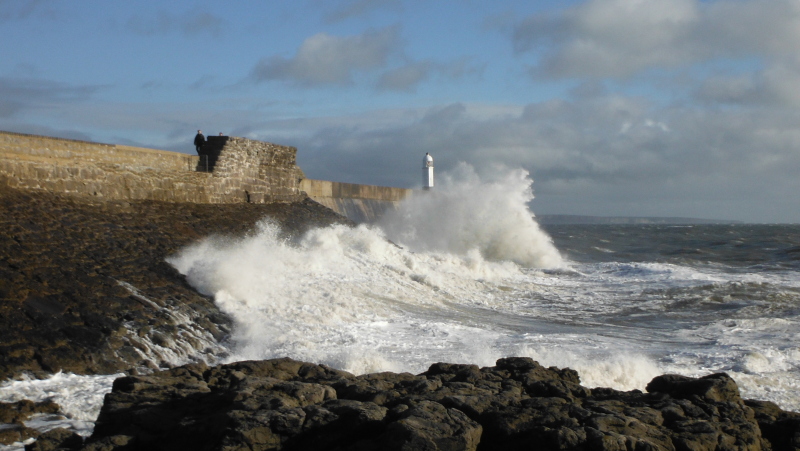  the waves on the outer wall of Porthcawl harbour 