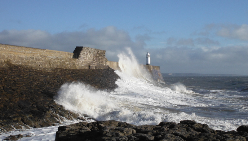  the waves on the outer wall of Porthcawl harbour 