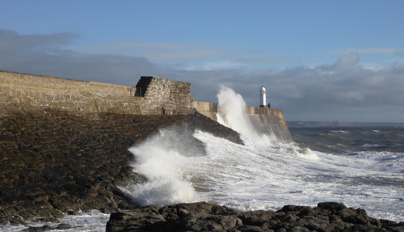  the waves on the outer wall of Porthcawl harbour 