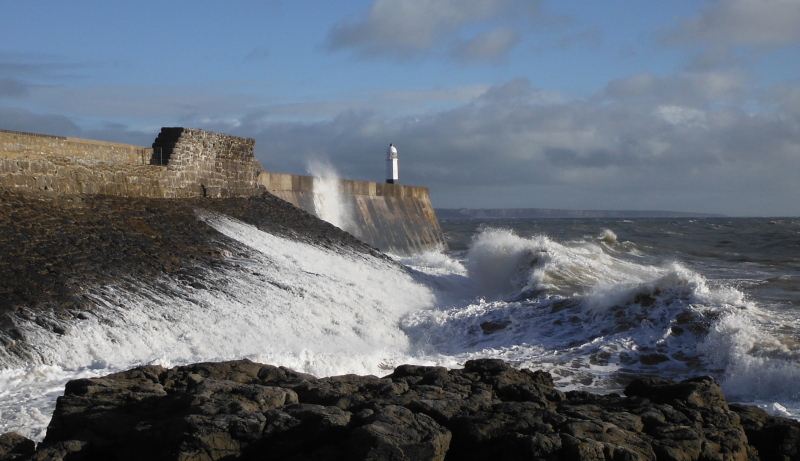  the waves on the outer wall of Porthcawl harbour 